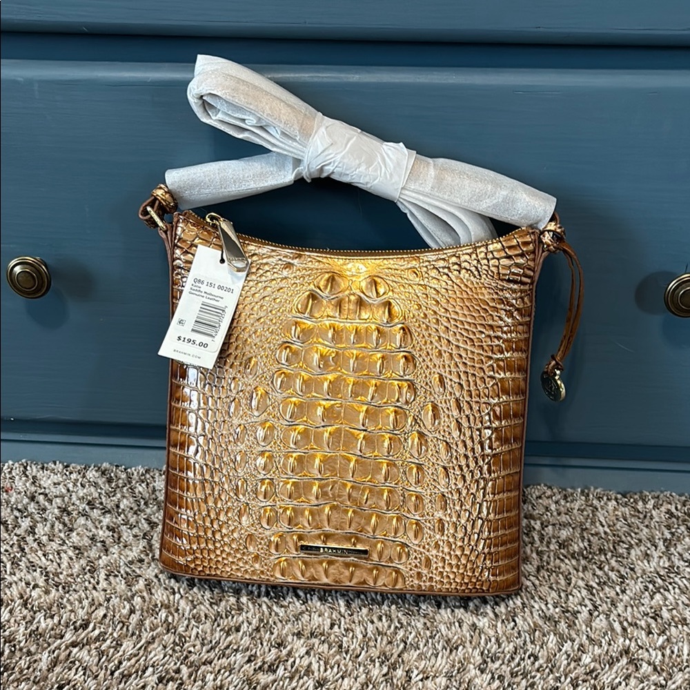 Gold Shoulder Bag with Bucket Shape and Textured Surface